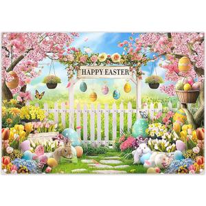 ZTHMOE Fabric 7x5ft Happy Easter Photography Backdrop Rabbit Colorful Eggs Floral Garden Background Kids Newborn Party Decoration Festival Photo Banner Booth