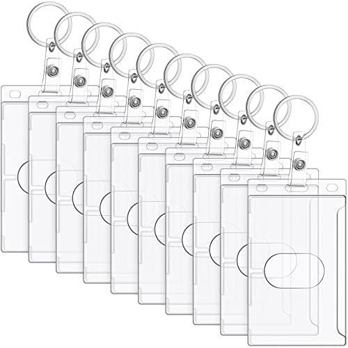 Marspark 10 Pack Keychain Card Holder Plastic Heavy Duty Badge Holder Vertical Clear ID Card Holder with Keyring, Rigid Fuel Card Protector with Thumb Slot Secure Credit Card Protector Case