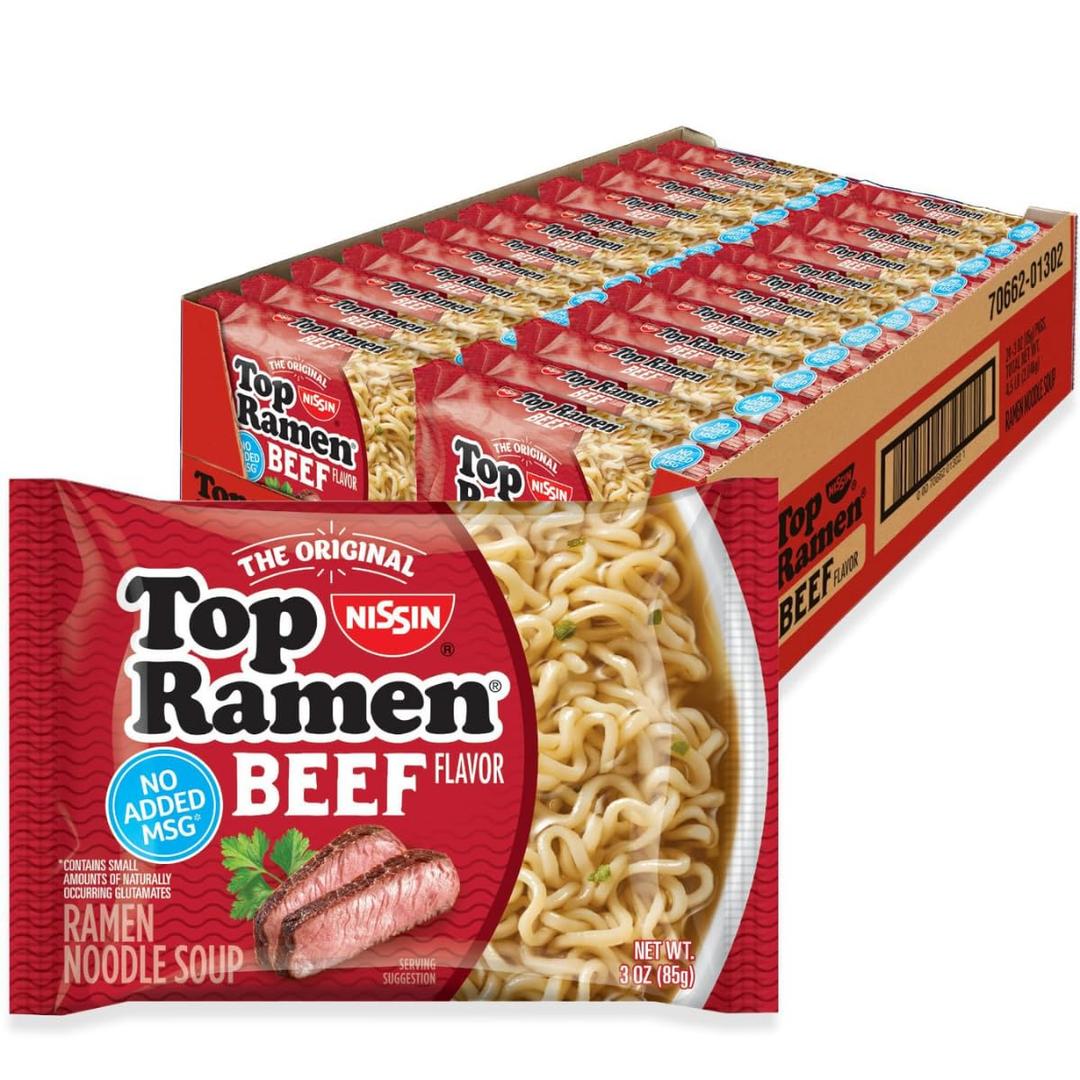 Nissin Top Ramen Noodle Soup, Beef, 3 Ounce (Pack of 24) (EXP 05/29/27)