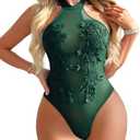 Girece Women Teddy Lingerie Sexy Mesh Bodysuit Halter Snap Crotch Body Suits Sheer Emboroidered One Piece Babydoll Size M