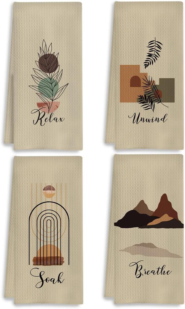 Boho Botanical Hand Towels Set of 4, Relax Breathe Soak Unwind Decorative Towels, Gym Yoga Spa Decor, Boho Decor, 16x24 Inches(Style A)