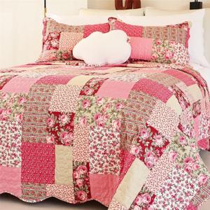 Cmfshape Summer Floral Oversize King Bedspread,Romantic Pink Quilt Set King,Reversible Stitched Bedding Set All Season,Soft Lightweight Coverlet with Pillow Cases (Hot Pink&Rose, Super King114 x102)
