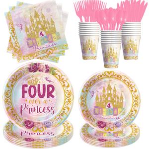 Srua Don Princess 4th Birthday Party Decorations Tableware, Pink and Gold Girl's Four Ever a Princess Birthday Party Supplies, Paper Plate, Cup, Napkin, Disposable Cutlery, Serves 24
