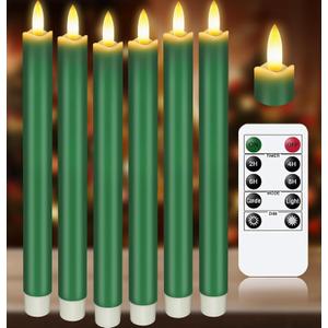Upgraded Real Wax LED Flameless Green Taper Candles with Remote, KSWING 6 PCS Candlesticks Battery Operated 3D Flickering - 9.6" Long Realistic Fake Candle Sticks for Home/Wedding/Fireplace Xmas Decor