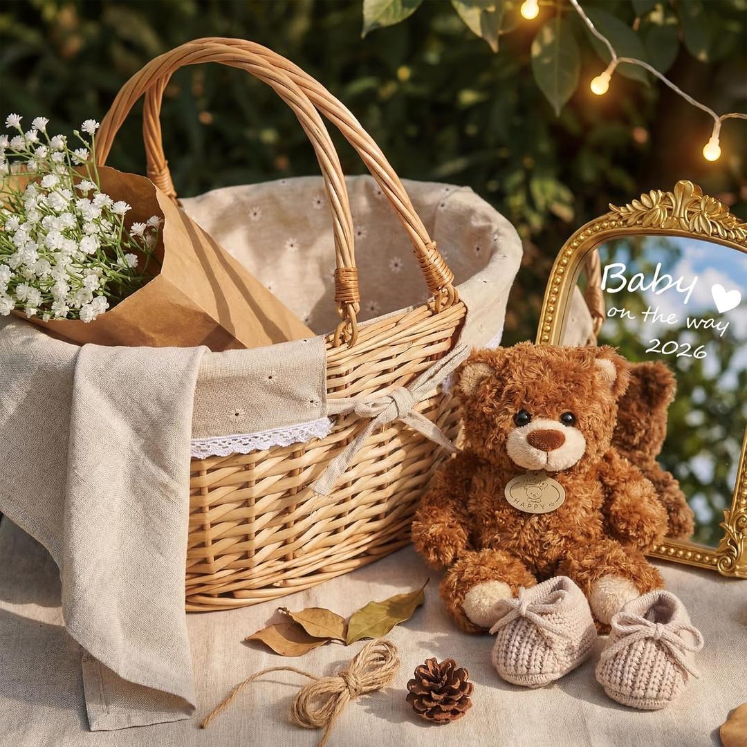 Rtteri 16 Pcs Pregnancy Announcement Set Baby Announcement Ideas Mirror Bear Newborn Shoes Baby Breath Flowers Basket Maternity Photoshoot Props for Pregnancy Reveal Spring Picnic Beach