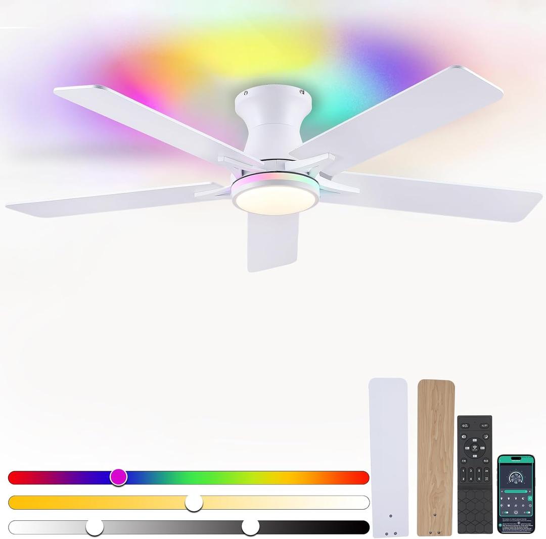 Low Profile RGB Ceiling Fans with Lights and Remote,52" White Flush Mount Ceiling Fans with Quiet Reversible DC Motor, Dimmable LED Ceiling Fan Light with 3 Colors 6 Speeds