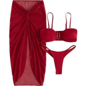 OYOANGLE Women's 3 Piece Bikini Set Swimsuit V Wired Bikini Bathing Suit with Twist Beach Skirt Small