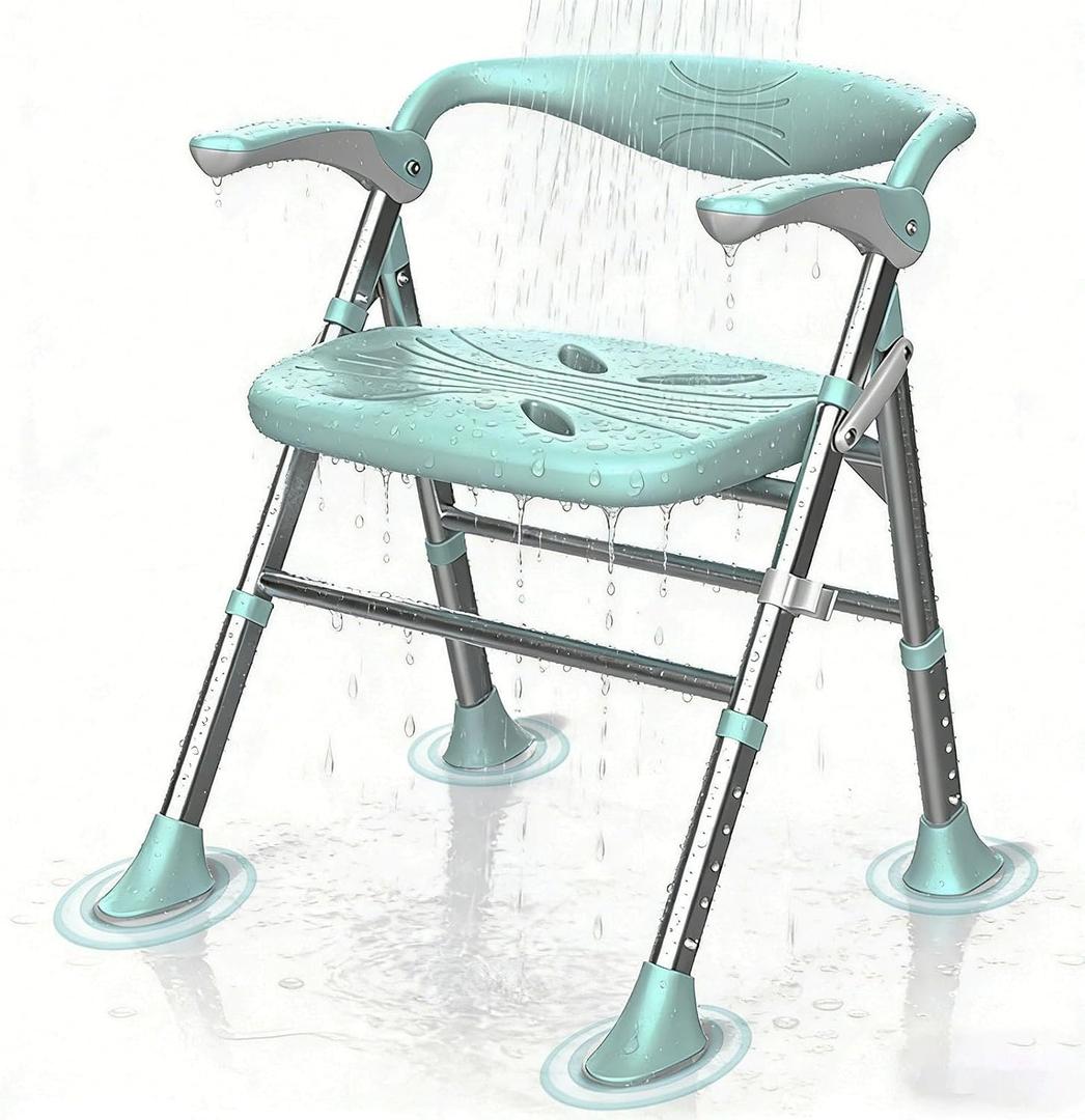 Shower Chair, Shower Chair for Elderly & Disabled, Heavy Duty Bath Stool with Arms and Back, Adjustable Height, Non-Slip Shower Bench Seat, Safe Foldable Bath Assist for Seniors Inside Bathtub Shower