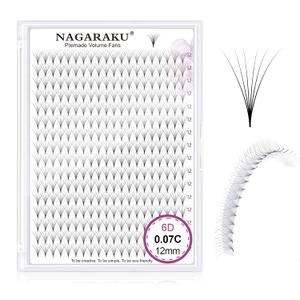 NAGARAKU Premade Fans Eyelash Extensions 320 Fans 6D Volume 0.07mm C curl 12mm Sharp Narrow Stem Clusters Thin Pointy Base Russian Pre Fanned Fluffy Matte Black