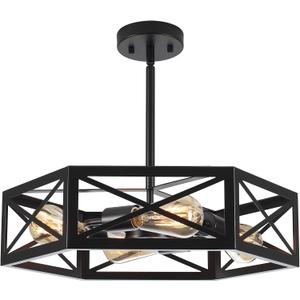 Black Semi Flush Mount Ceiling Lights, Sloped Dining Room Light Fixture Farmhouse Hexagon Chandelier, Kitchen Island Pendant Lighting Adjustable Height for Entryway Hallway Foyer