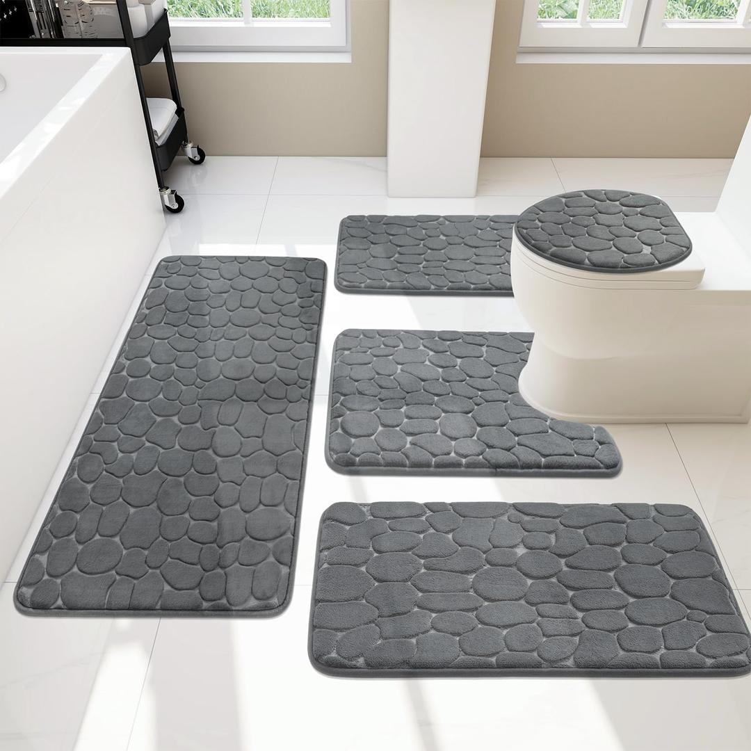 YIHOUSE Bathroom Rugs Mat Set 5 Piece Dark Grey, Memory Foam Bath Mats Sets, Non Slip Water Absorbent Washable Bath Rugs for Sink, Toilet and Floor