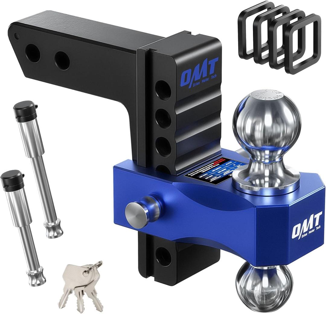 Orion Motor Tech Adjustable Trailer Hitch, Fits 2 in Receiver 6 in Drop & Rise Hitch, 12500 LBS GTW, Class 3, 4 Hitch, Heavy Duty Aluminum Drop Hitch for Truck with Three Anti-Theft Locking Hitch Pins (Black-Blue)