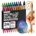 ARTISTRO 24 Metallic Dual-Tip Acrylic Paint Markers for Rock, Canvas, Glass, Wood, & More Fine + Dot Tips