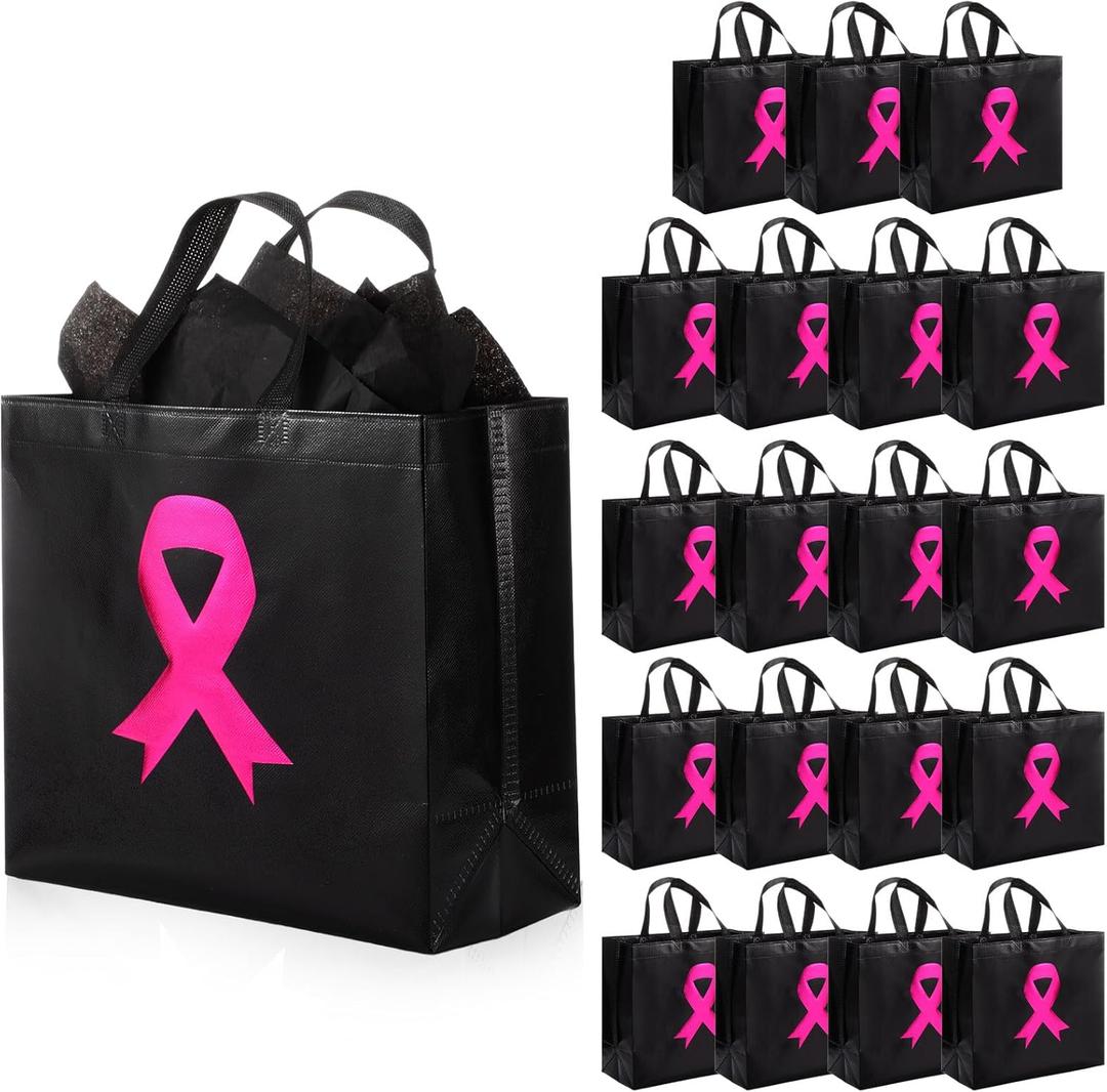 Kolldenn 40 Pcs Breast Cancer Awareness Gift Bags Bulk Set Items 20 Pink Ribbon Treat Tote Bag 20 Tissue Paper for Women(Black,13 x 10.6 x 5.1 in)