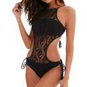 Lu's Chic Cutout One Piece Monokini Swimsuits for Women Sexy High Neck Long Torso See Through Crochet Lace Open Side Tie Tassel Bandeau Bikini Top Cheeky Swimwear Bottoms Bathing Sui Black  No Size