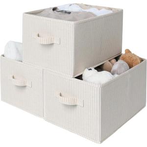 StorageWorks Foldable Shelf Organizer Bins, Closet Storage Baskets for Clothes, Fabric Storage Bins for Shelves, Beige Stripes, 3-Pack, Large