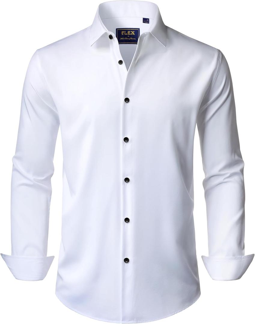 J.VER Men's Dress Shirts Stretch Long Sleeve Formal Shirt Solid Business Casual Button Down Shirts for Wedding Prom (Medium, White)