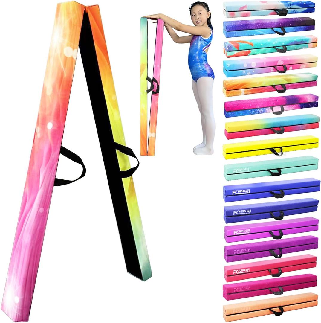 8FT Folding Balance Beam -Gymnastics Floor Beam -Gymnastics Equipment for Kids,Wood core- Anti-Slip Bottom and Carrying Bag for Home (Starry Rainbow)