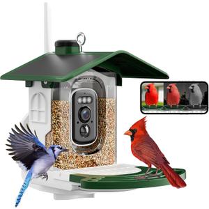 Smart Bird Feeder with Camera Solar Powered - AI Bird Identification, 2.4Ghz WiFi, 2K HD Video Live Stream Camera, 3MP Photos, 2.9in Focus, Gifts for Mom Dad Bird lovers, Green