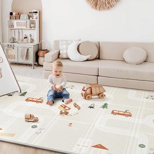 Baby Play Mat 50"*78" Foldable Foam Baby Play Mat for Floor Reversible Waterproof Playmats for Babies Boy and Toddlers Infants Edge Reinforcement Crawling Mat for Indoor&Outdoor&Travel (City&Bus)