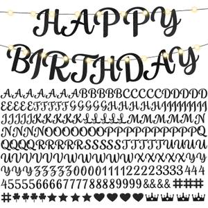 TaoBary 237 Pcs DIY Glitter Customizable Banner Kit Including 166 Letters 40 Numbers 24 Symbols 3 Light Strings 4 Rope for Birthday Party Halloween Weddings Decorations (Black)