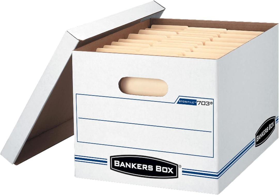 Bankers Box 4  Pack STOR/FILE Basic Duty File Storage Boxes, Standard Assembly, Lift-off Lid, Letter/Legal, White/Blue