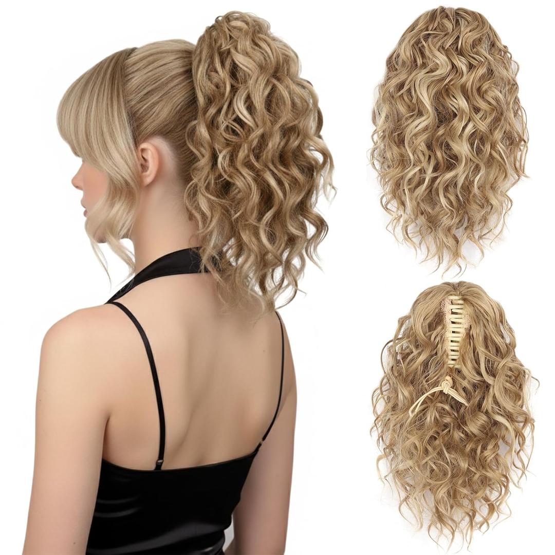 12 Inch Ponytail Extension - Clip in Ponytail Hair Extensions, Curly Pony Tails Hair Extensions, Synthetic Claw Clip Ponytail Extension for Women (Color: Medium Blonde with Beige Blonde Highlights)