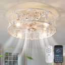 Garwarm 20" Caged Ceiling Fan With Light, Flush Mount Bladeless Fandelier With Remote, Small Low Profile for Bedroom, Kitchen, Dining Room, White Gold