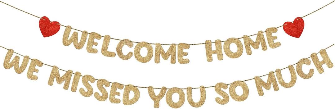 Fulmoon Pre Strung Welcome Home We Missed You So Much Banner Glitter Welcome Home Sign for Party Decorations Military Army Returning, Homecoming, Family(Champagne Gold,Red)