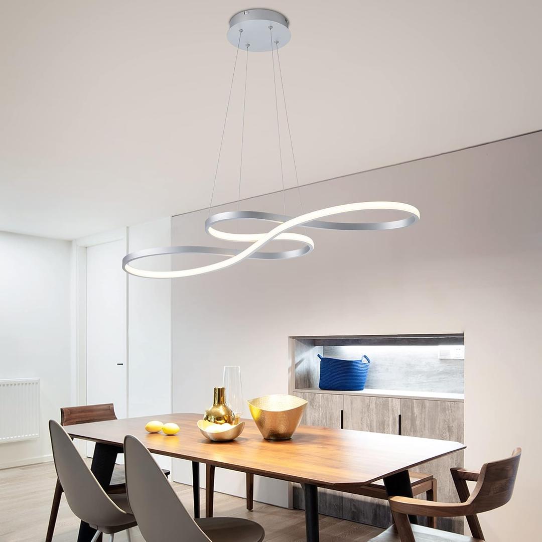 Modern LED Chandelier Dining Room Pendant Light Dimmable Creative Chandelier Remote Control Color/Brightness 3000-6000K Adjustable Hanging Lamp for Bedroom Living Room Kitchen 50W (Silver)