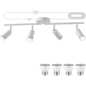 Dimmable Plug in Track Light White 4 Light Plug in Ceiling Lighting Fixture with 16.4' Long Cord,4 Way Ceiling Spotlight,Rotatable Wall Mount Light Head,LED dimmable Spot Bulbs Included