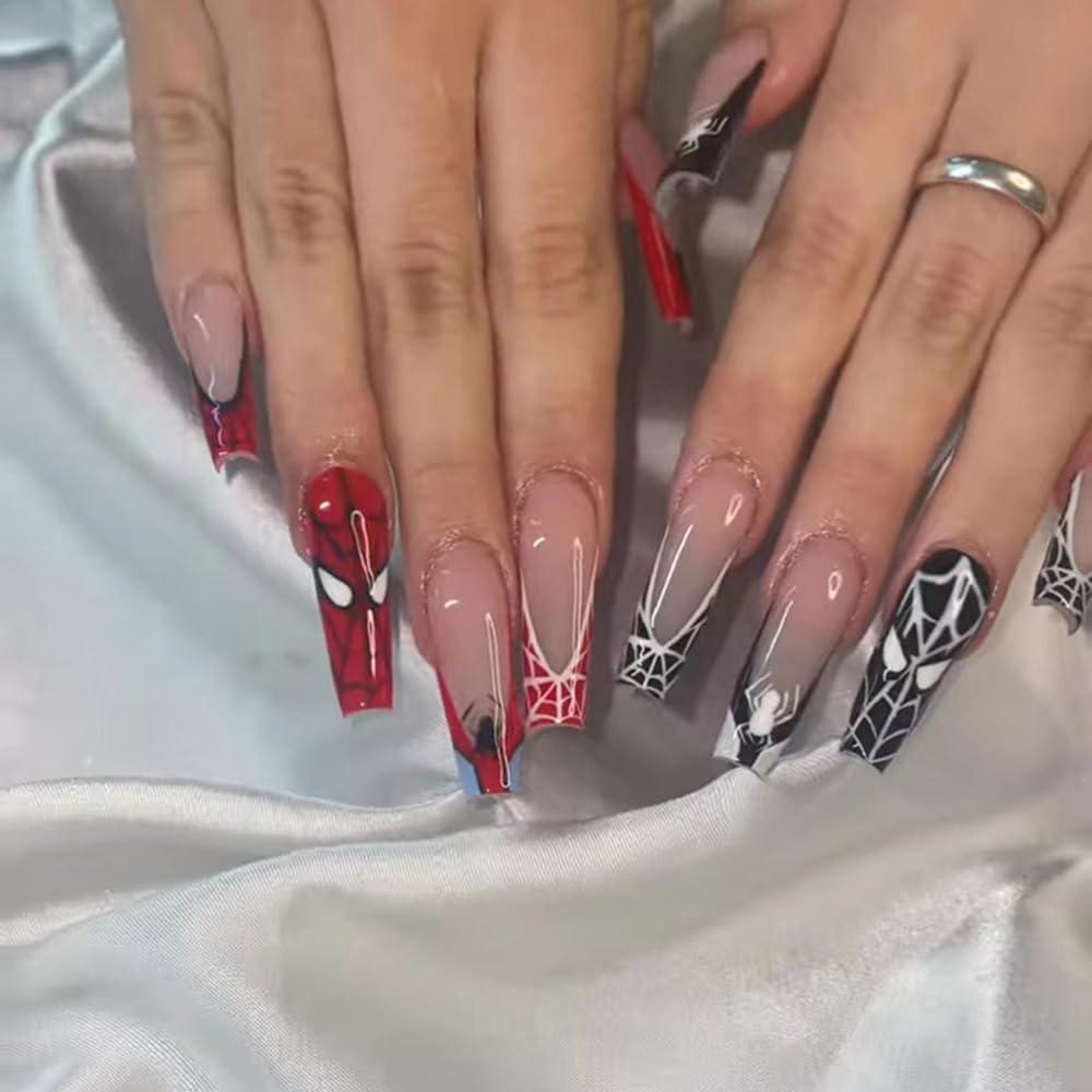 24 Pcs Halloween Fake Nails Long Black Spider Web Press on Nails Black Red French Tip False Nails Full Cover Halloween Glue on Nails Square Artificial Nails Halloween Acrylic Stick on Nails for Women 