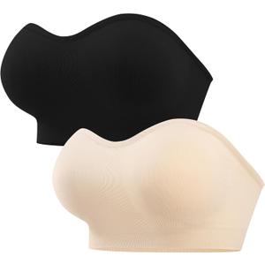 ANGOOL Strapless Bras for Women Wirefree Non-Slip Tube Top Invisible Bralette Seamless Padded Bandeau Bra (Medium, Black+beige)