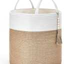 Mkono Woven Storage Basket Decorative Rope Basket Wooden Bead Decoration for Blankets,Toys,Clothes,Shoes,Plant Organizer Bin with Handles Living Room Home Decor, 15"Wx17.7"L,White and Yellow