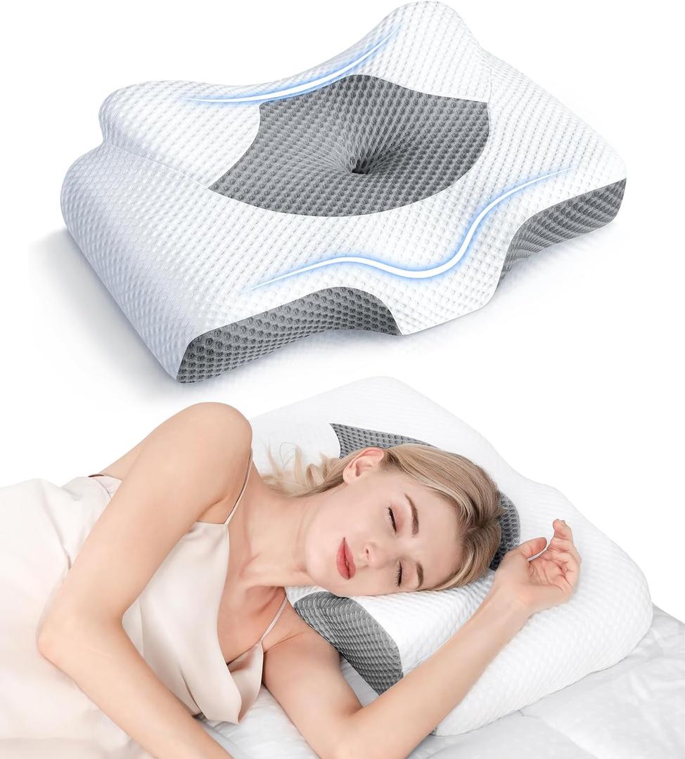 Osteo Cervical Pillow for Neck Pain Relief, Hollow Design Odorless Memory Foam Pillows with Cooling Case, Adjustable Orthopedic Bed Pillow for Sleeping, Support for Side Back Sleepers, Size: Queen(22.6*13.6*4.1/3.9 inches)