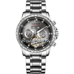 Automatic Watch for Men- Luxury Crystal Bezel Complete Calendar Mechanical Day Date Tourbillon Watch for Men Luminous with Stainless Strap