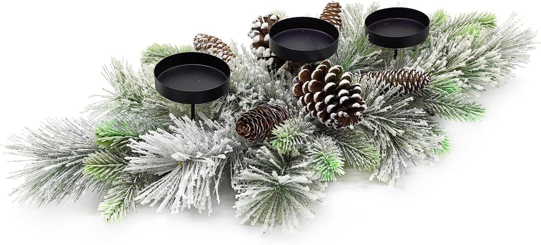 Christmas Table Centerpieces Decorations, 27.5 Inch Designed with Flocked Pine Needles, Frosted Pine Cones for Dining Table Mantel (Snowy) (Cedar)
