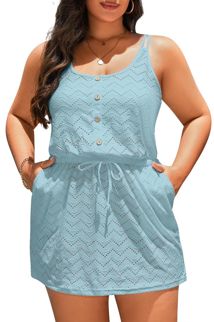 Yonique Plus Size Swimsuit Cover Up - Hollow Out Button Down Beach Coverups Spaghetti Strap Bathing Suit 2025 Summer Dress Light Blue 22W (Blue)