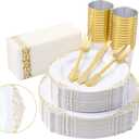 Fijinhom 350pcs Gold Plastic Plates, Elegant Disposable Dinnerware Set, 125 Pieces, White and Gold, Plates, Cups, Cutlery and Napkins (Gold, 50 Guests)