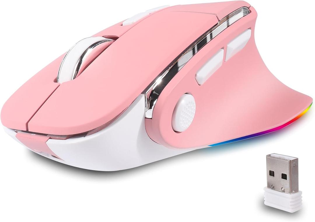Ergonomic Mouse Jiggler,Bluetooth Vertical Wireless Mouse,LED Rechargeable Optical Computer Mice, Portable(BT5.2 or USB 2.4GHz) Dual Mode,1000/1600/2400 DPI,8 Buttons for Laptop,PC,Macbook (pink)