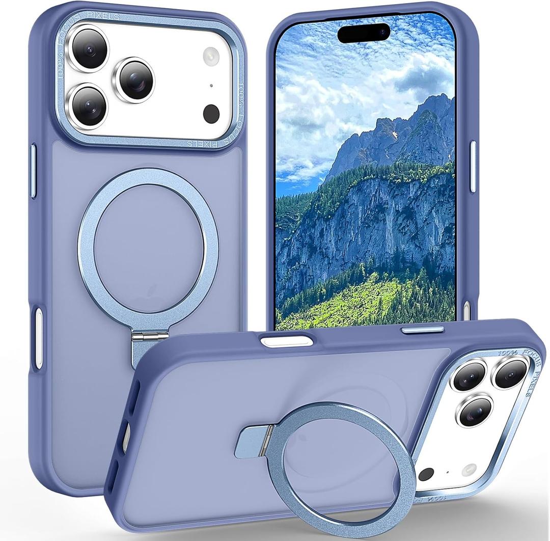 Magnetic for iPhone 17 Pro Case with Ring Stand, [10 FT Drop Protection] [Velvety Touch] Slim Translucent Matte Back Shockproof Phone Case for iPhone 17 Pro 6.3'', Sierra Blue
