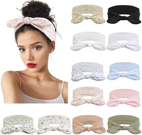 11 Pack Wild Floral Bow Headbands for Women Elastic Headwraps Hair Band Yoga Running Sports Knotted Headband Stretchy Rabbit Ears Turban Fashion Sport Cute Hair Accessories（Elastic Floral Hairbands）