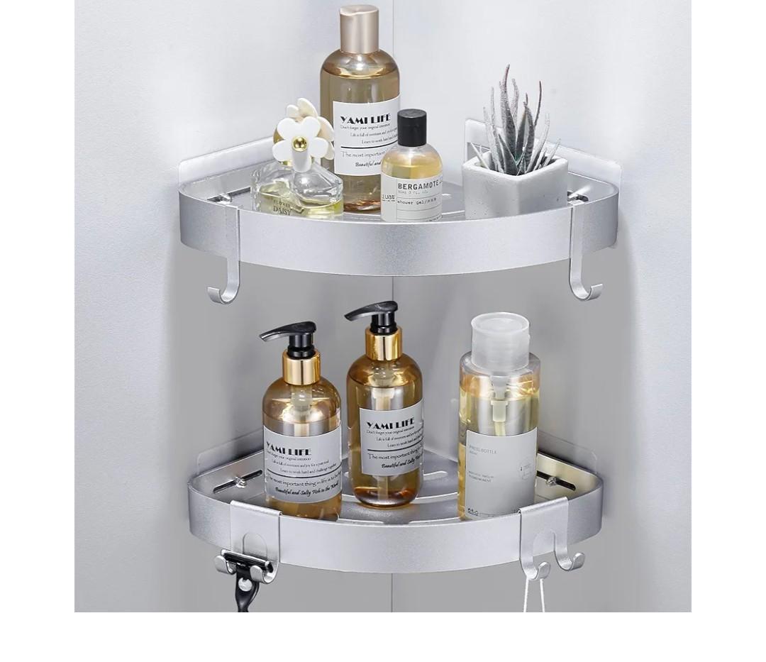 DUFU Adhesive Corner Shower Caddy with Hooks,Bathroom Shower Organizer, No Drilling Rust Proof Aluminum Shower Shelf for Inside Shower 2 Pack (Silver)