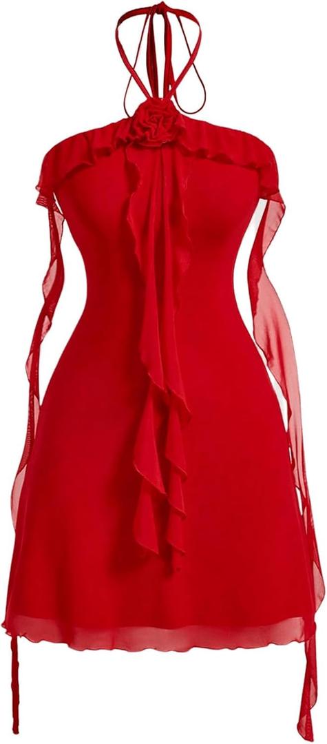 SOLY HUX Women's Summer Dresses Halter Bodycon Irregular Ruffle Trim 3D Flower Cami Mini Party Club Dress (Plain Red)