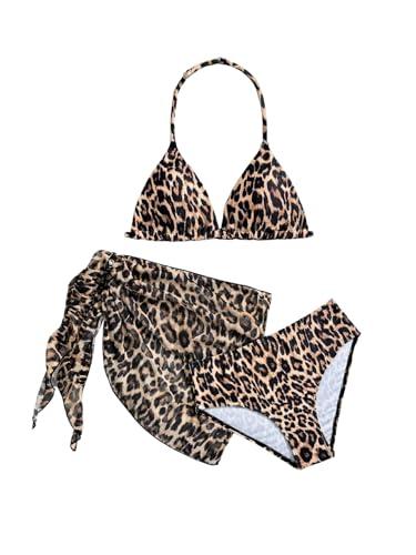 RoseSeek Girl's 3 Piece Swimsuits Floral High Waisted Bikini Bathing Suit with Mesh Coverups Skirt Brown 11Y 