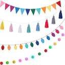 Boao 4 Pieces 8.2 ft Colorful Garland Banner Felt Balls Garland Tassel Triangle Flags Light Bulb Banners for Christmas Holiday Wedding Party Wall Decorations