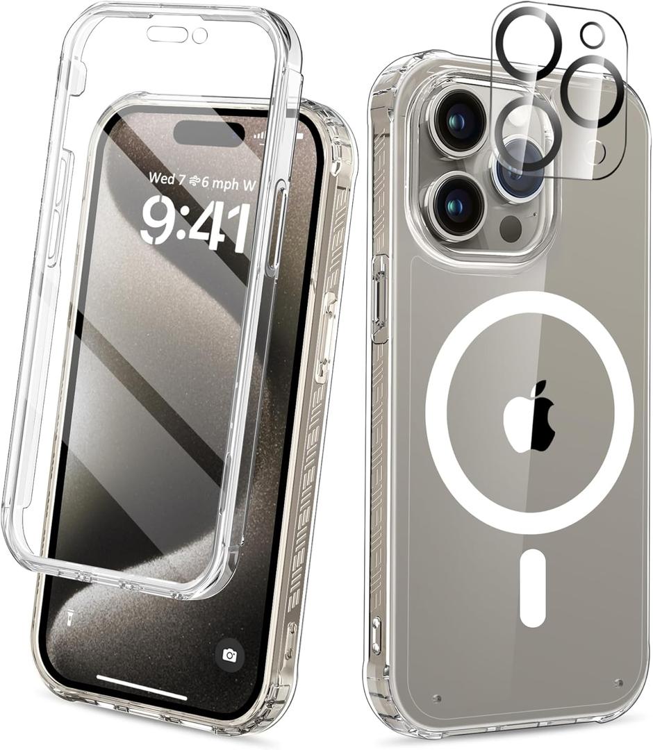 Compatible with iPhone 15 Pro Max Case Clear, Built-in Screen Protector, with Camera Lens Protector, [Compatible with MagSafe] Full Body Phone Case, Protective Cover for 15ProMax 6.7" (Clear)
