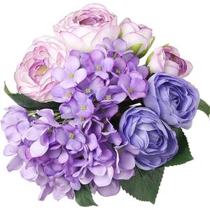 Felice Arts 12" Purple Hydrangea Silk Flowers Bouquet, Peonies Artificial Flowers for Wedding Bridal Bouquets Home Table Centerpieces Baby Shower Floral Decor (7 Heads Tea Rose & Hydrangea)