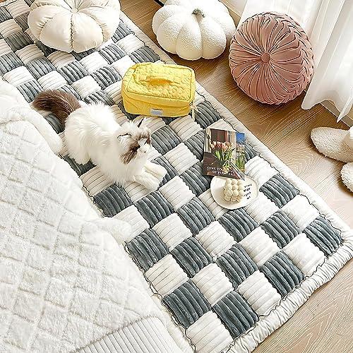 Funny Pet Couch Covers for Sofa Plush Checker Plaid Sofa Covers for Pets Washable 3 Cushion Couch Sofa Mat Friendly (Cream Blue, 60x160 cm/23.6x63 in)