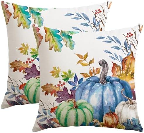 Artscope Fall Decorative Throw Pillow Covers 16x16 Inch Set of 2, Watercolor Pumpkin Fallen Leaves Outdoor Farmhouse Pillow Cases for Home Sofa Couch-Blue